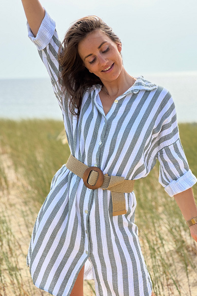Vestido camisero de gasa de algodón blanco con rayas caqui