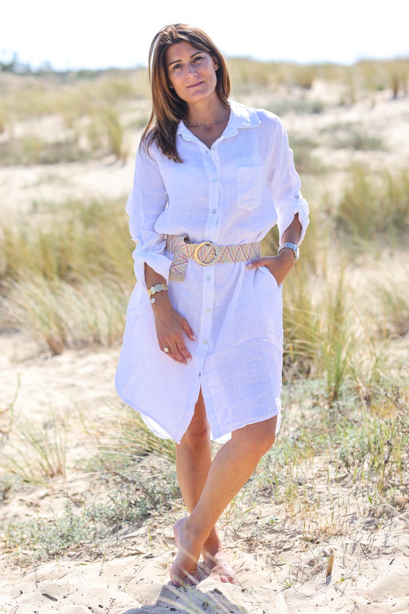Robe chemise blanche en lin boutonnee poche sequins g040 (1)