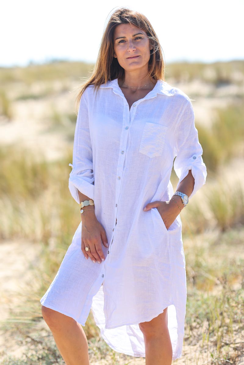 Robe chemise blanche en lin boutonn e poche sequins Horizons