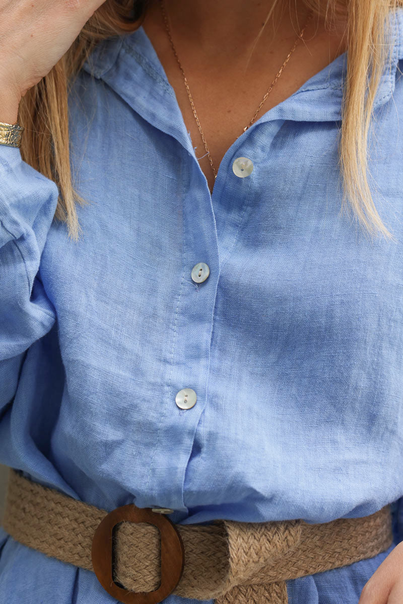 Vestido camisero de lino azul cielo con bolsillos laterales y botones nacarados