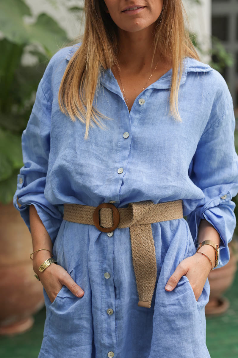Sky blue linen shirt dress with mother of pearl buttons and pockets