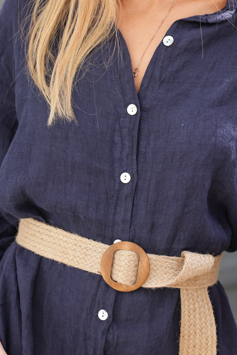 Navy blue linen shirt dress with mother of pearl buttons and pockets