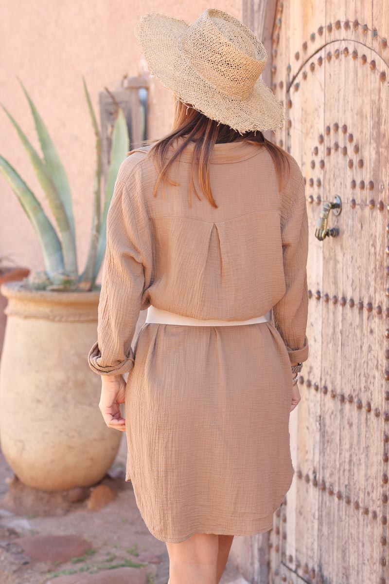 Robe chemise camel boutons nacres en gaze de coton h041 (1)
