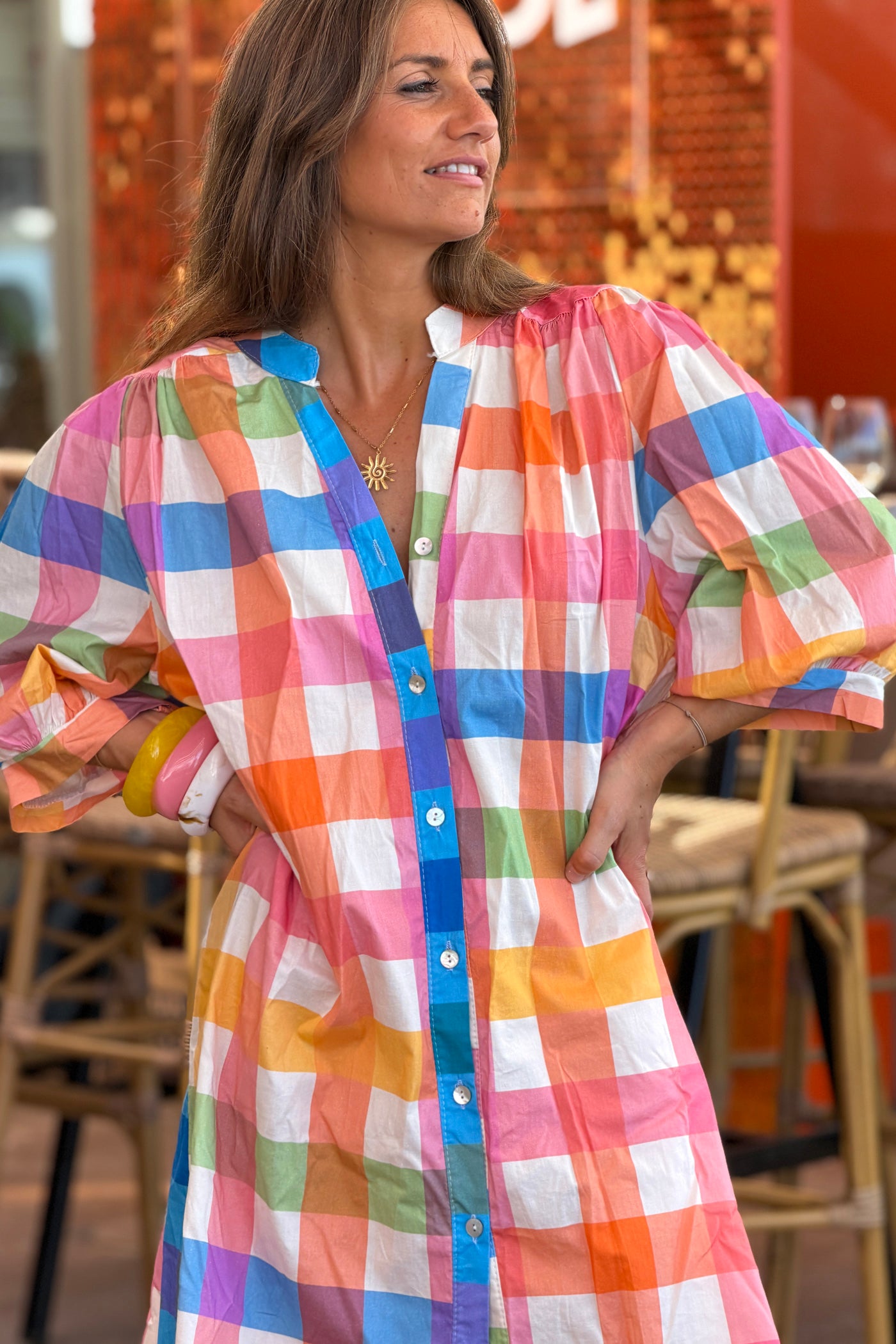 Multicolour Gingham Button-Down Blouson Dress
