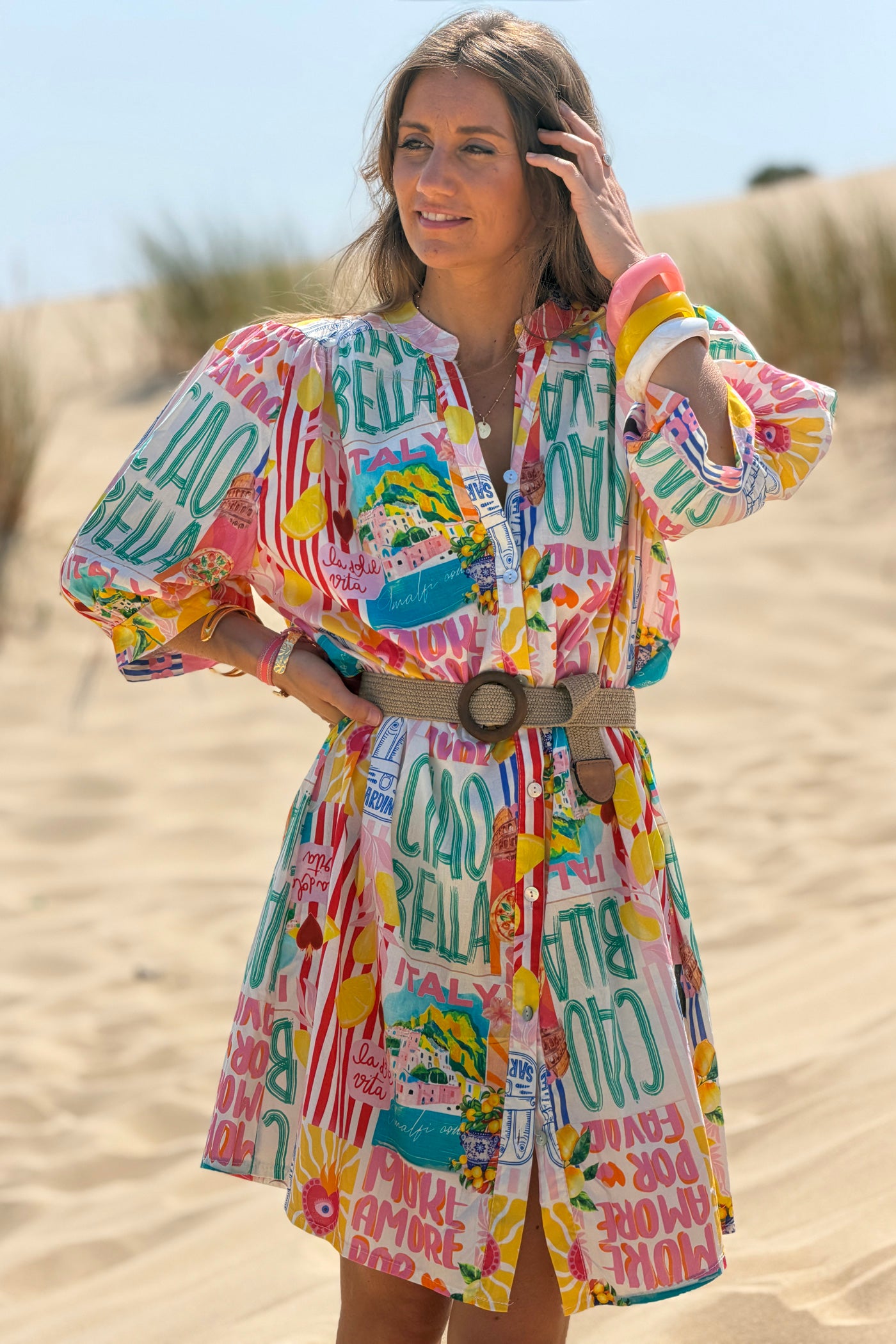 Robe chemise en coton imprimé coloré Italie Dolce vita citron Ciao Bella
