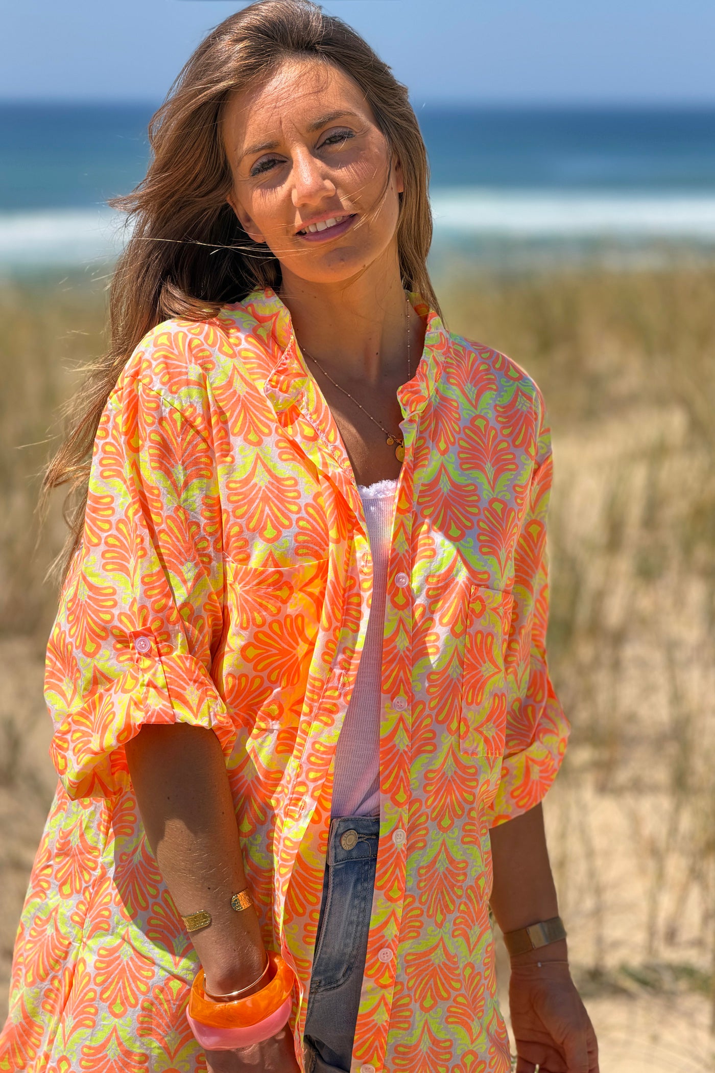 Robe chemise en coton imprimé lys orange fluo