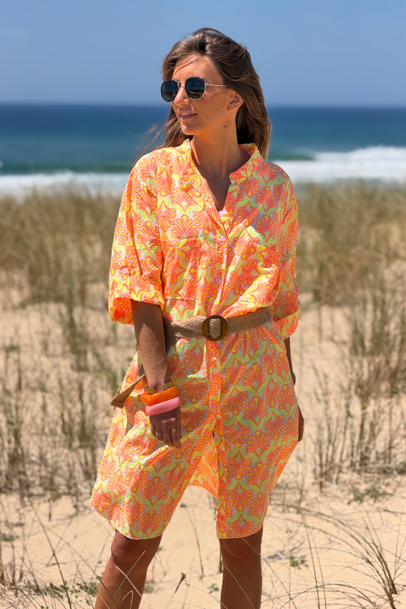 Robe chemise en coton imprimé lys orange fluo