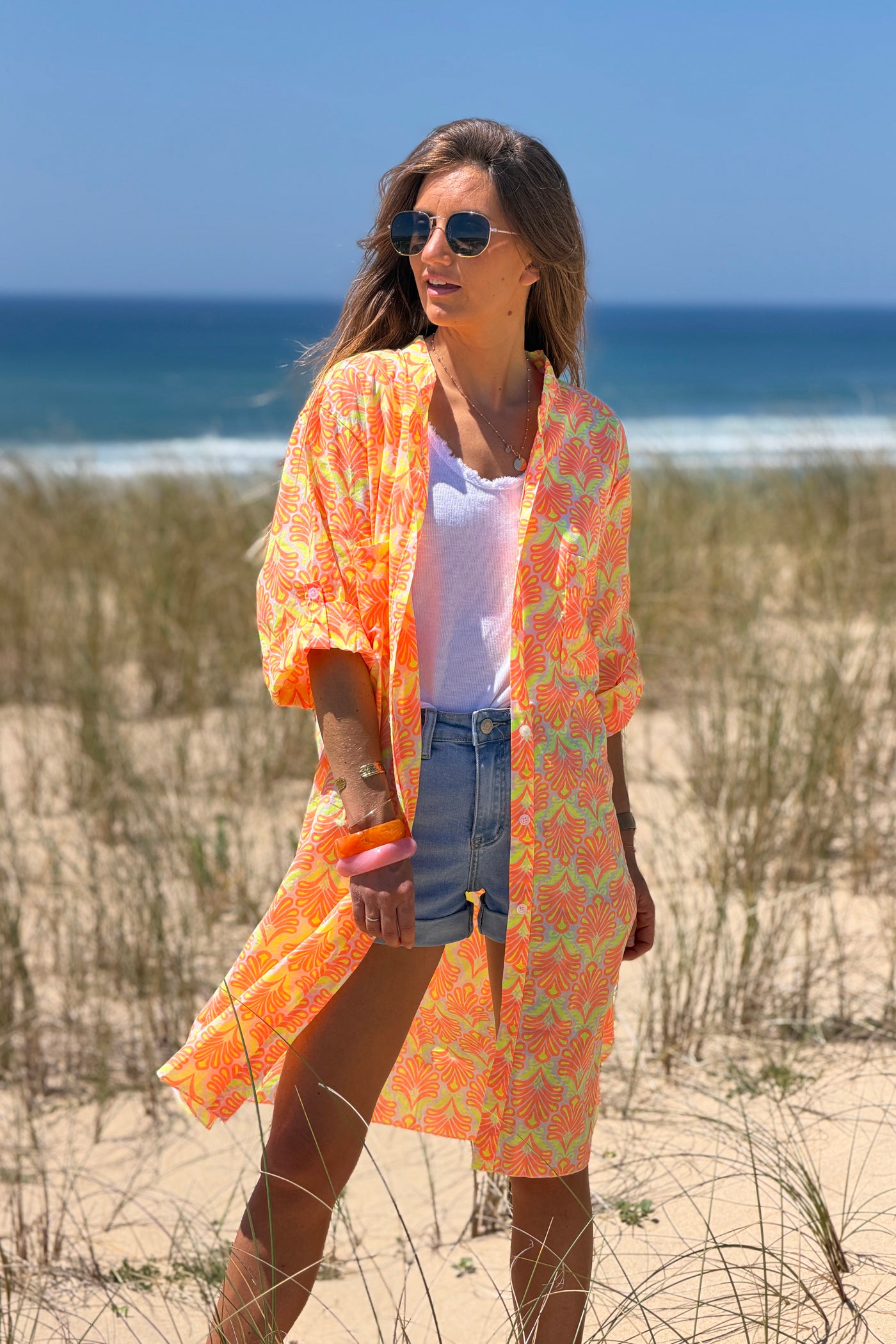 Robe chemise en coton imprimé lys orange fluo