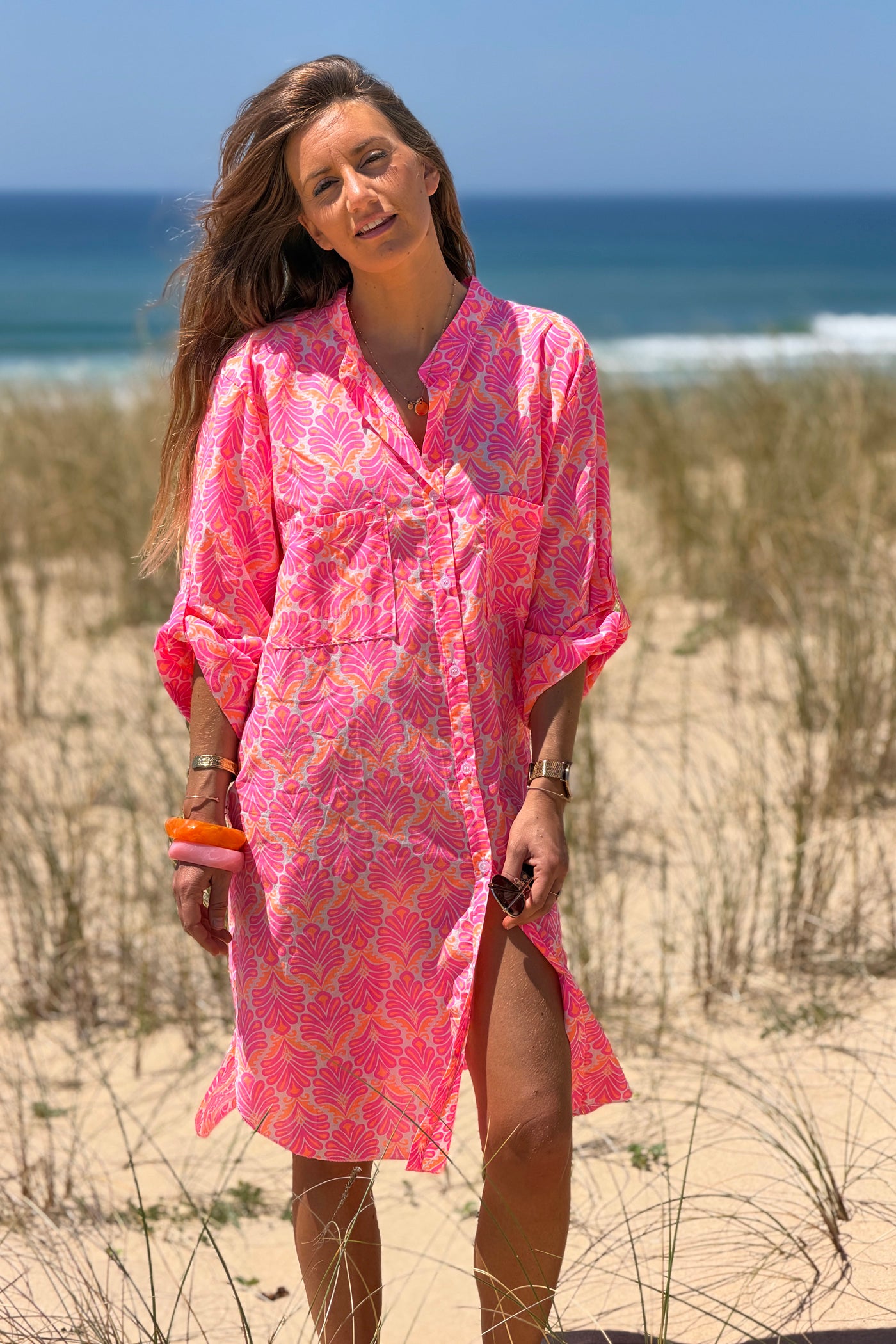 Robe chemise en coton imprimé lys rose fluo
