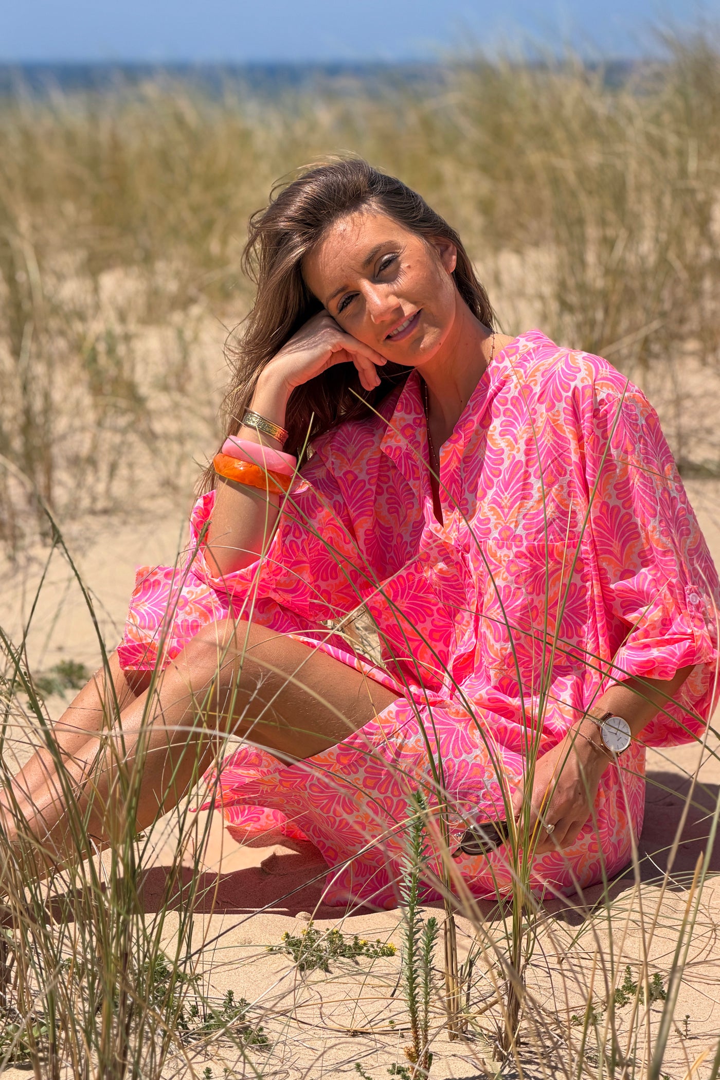 Robe chemise en coton imprimé lys rose fluo