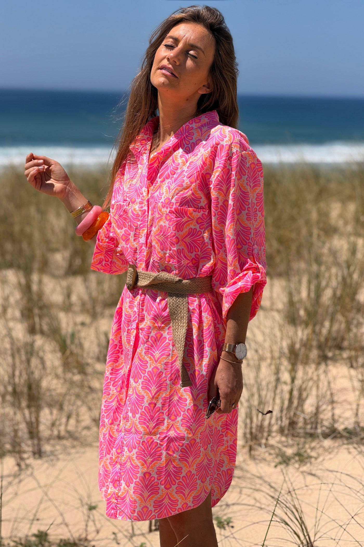 Robe chemise en coton imprimé lys rose fluo