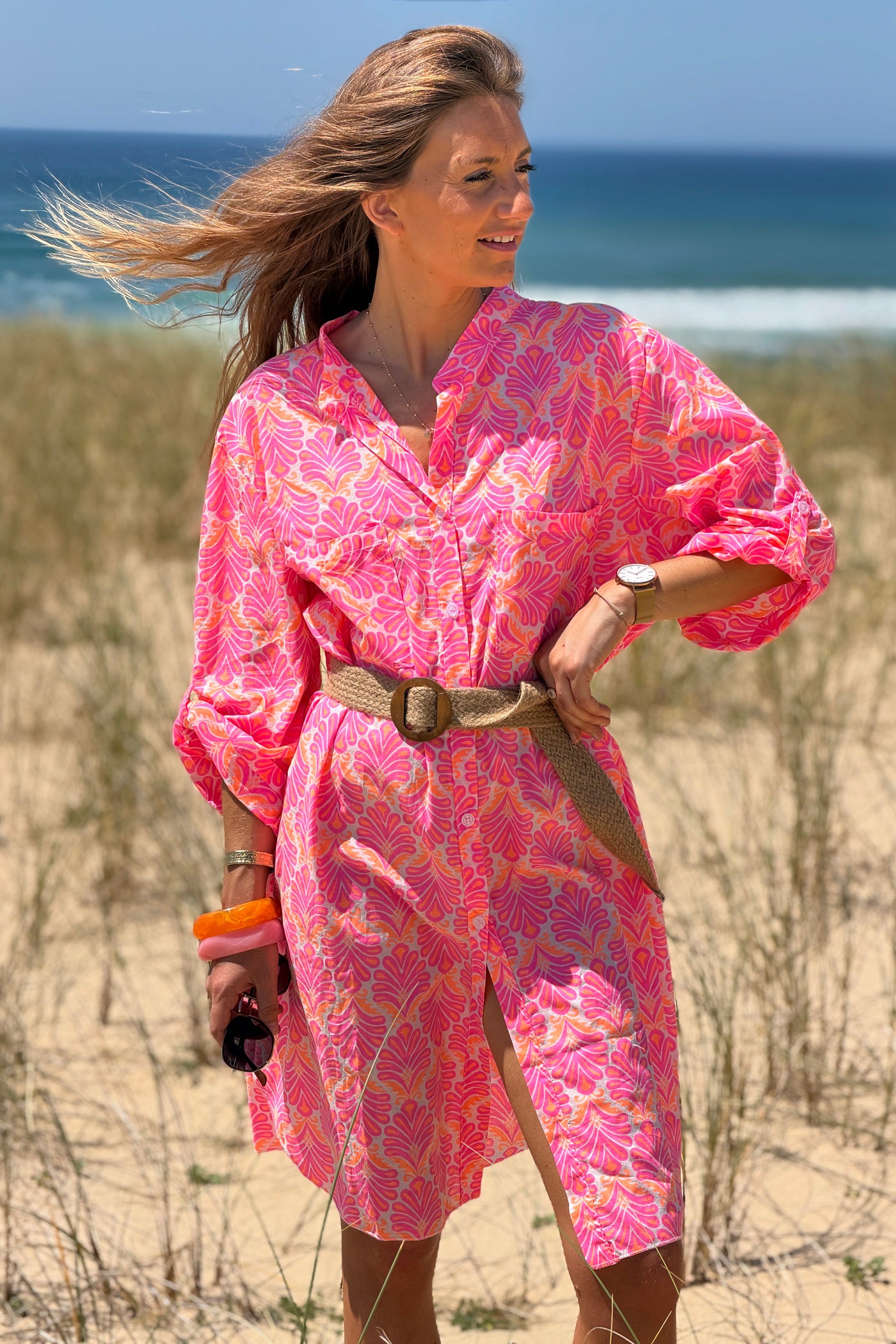 Robe chemise en coton imprimé lys rose fluo