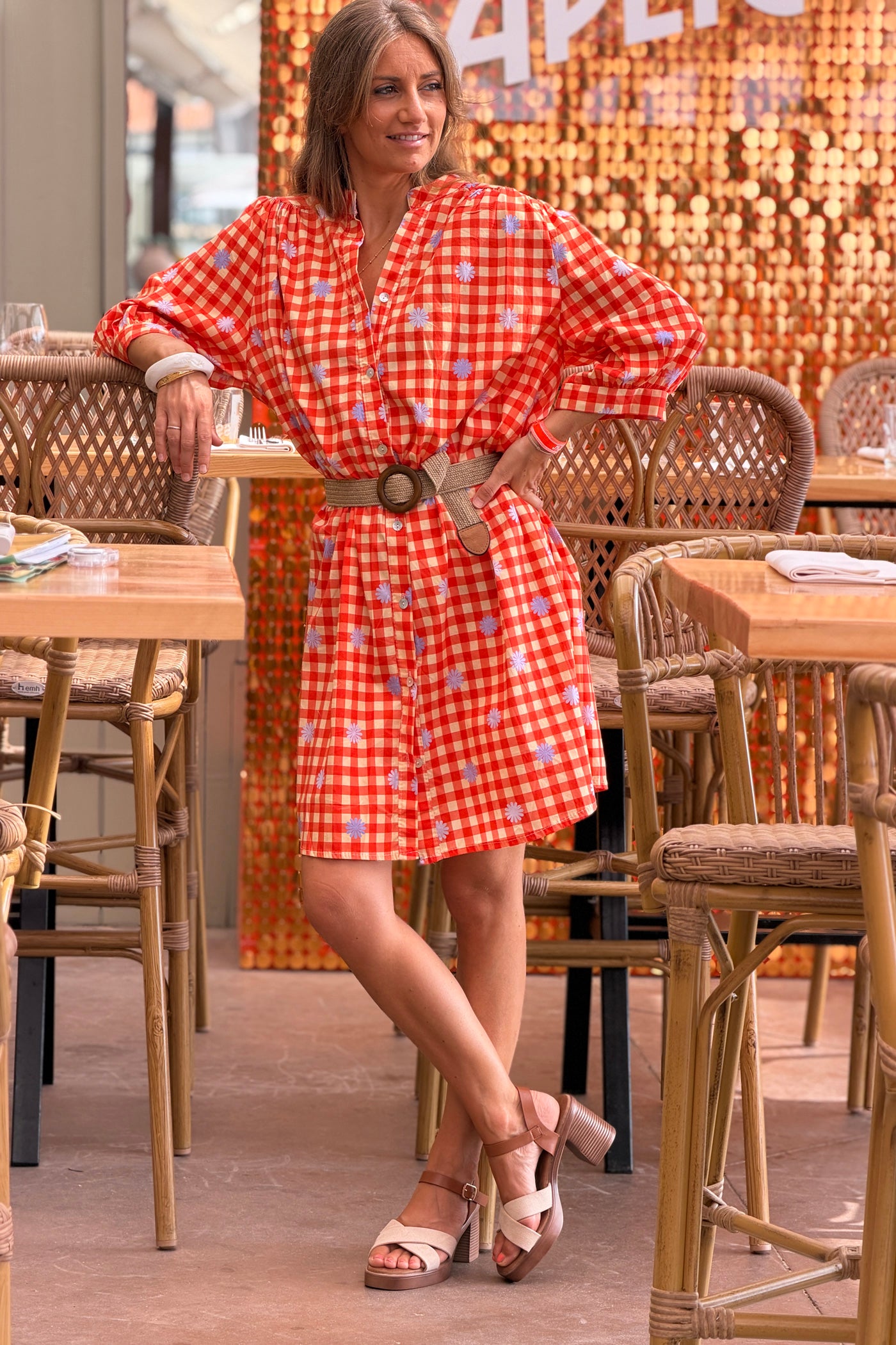 Robe chemise en coton imprimé vichy rouge et jaune motif fleurs