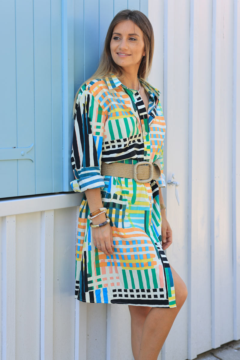 Floaty shirt dress with colorful geometric pattern