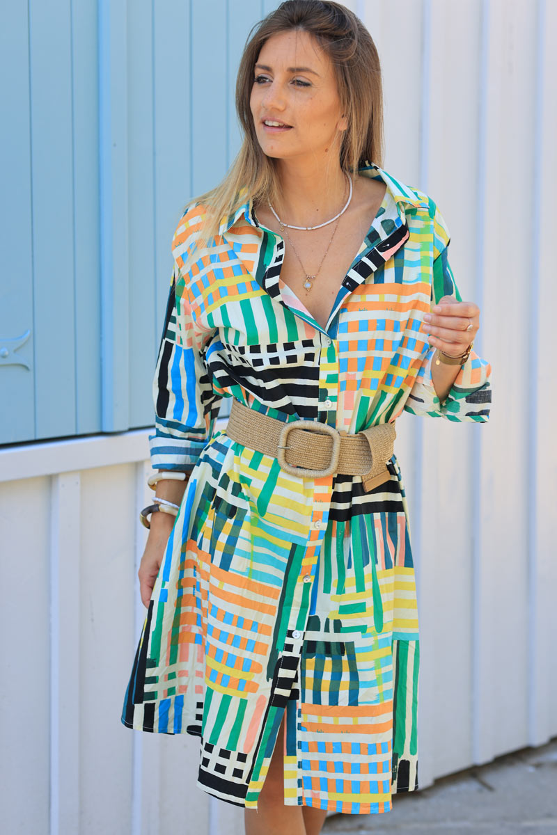 Floaty shirt dress with colorful geometric pattern