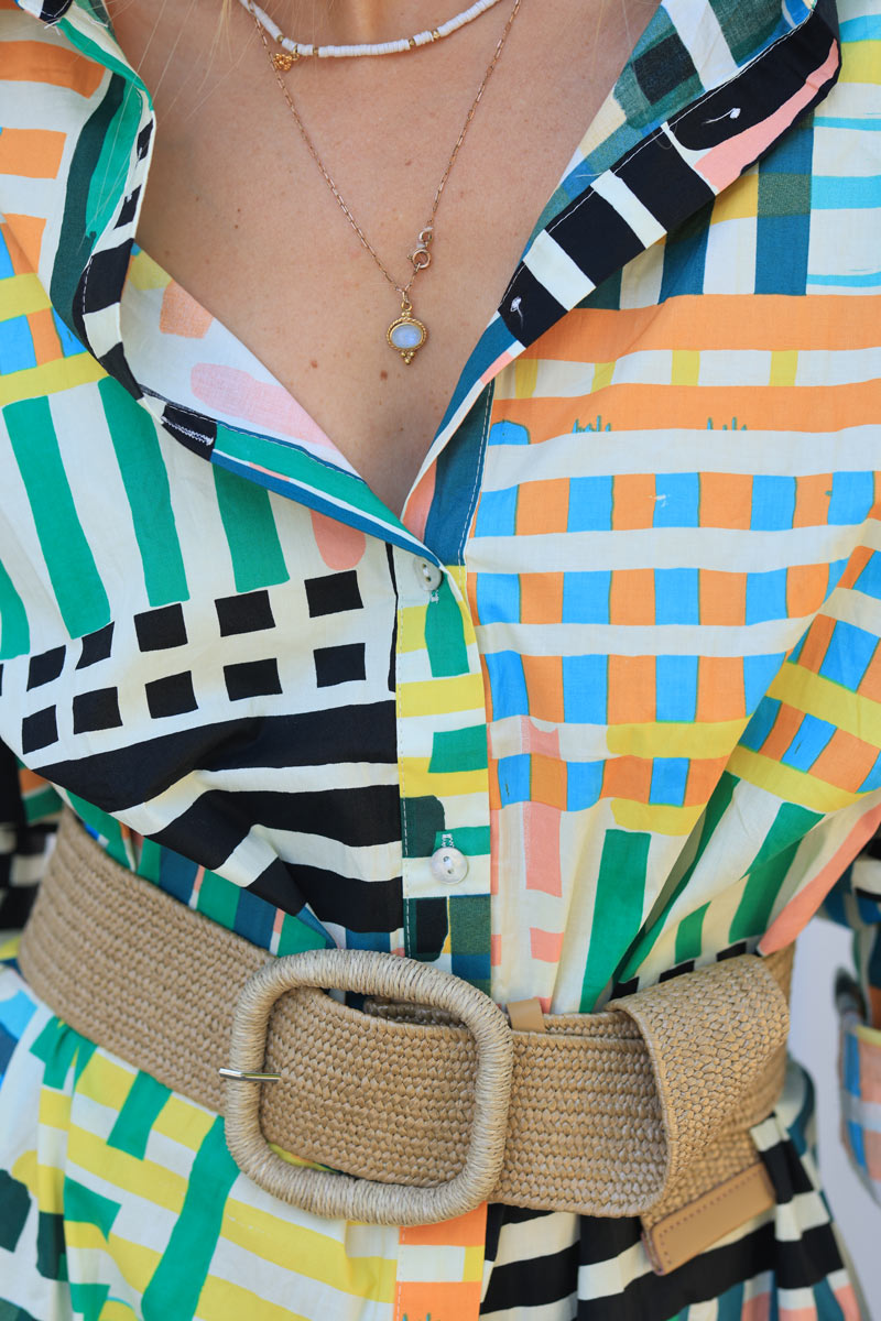 Robe chemise en coton imprimés trait abstraits colorés