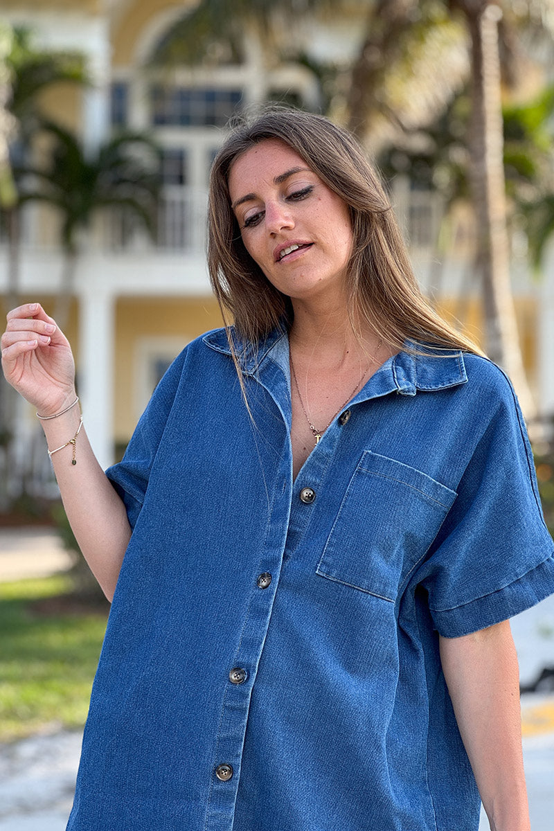 Robe chemise en jean brut boutons écaille et poche