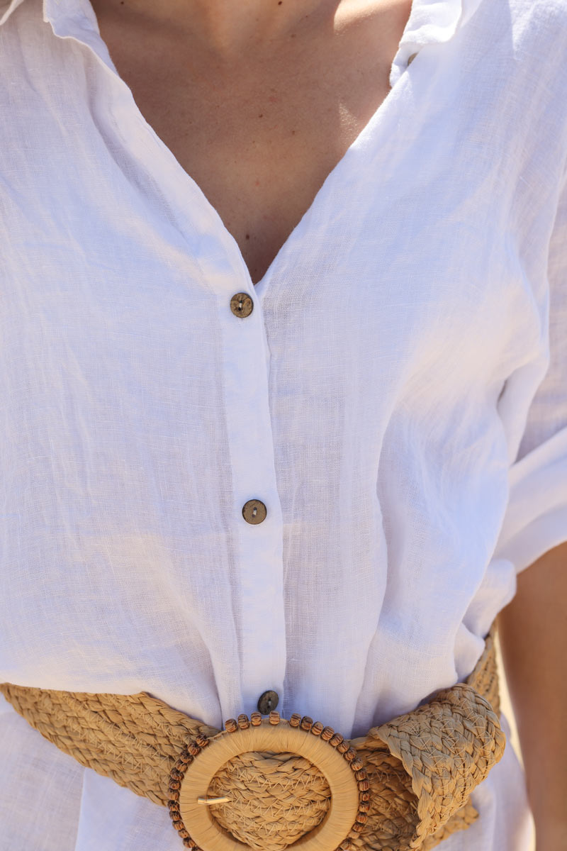 Robe chemise en lin blanc boutons bois h091 (1)