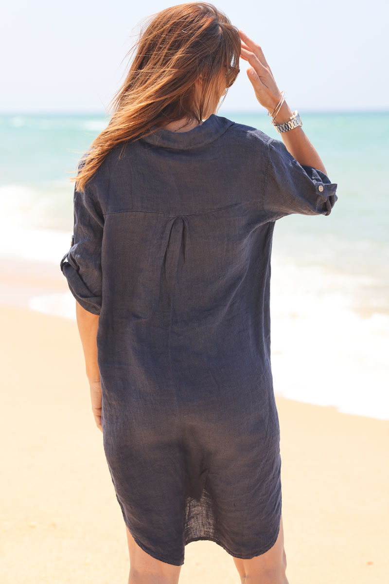 Robe chemise en lin bleu marine boutons bois h091 (1)