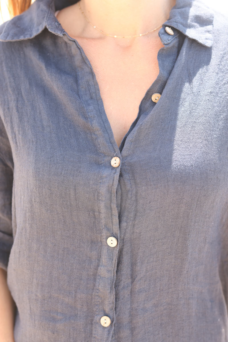Robe chemise en lin bleu marine boutons bois h091 (1)