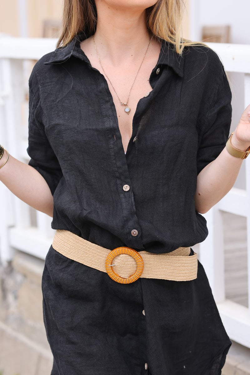 Robe chemise en lin noir boutons bois H091 (1)