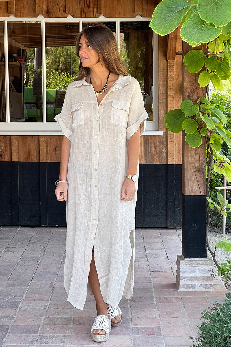 Beige Linen Beach Maxi Dress