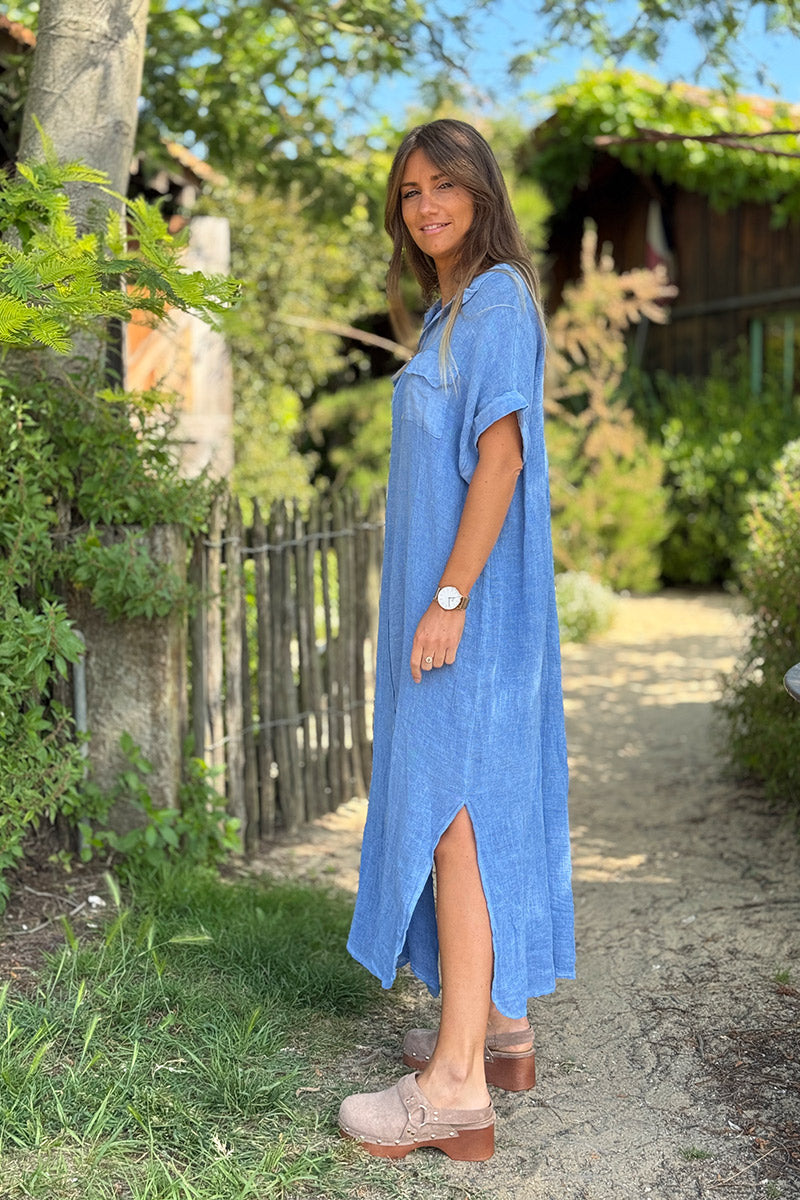 Robe chemise fendue bleu jean mi coton mi lin effet piqué coupe loose