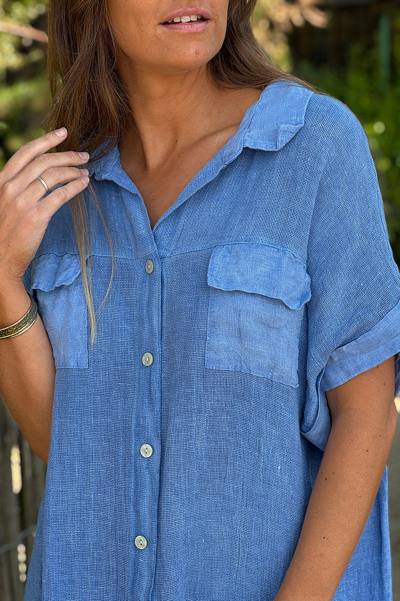 Robe chemise fendue bleu jean mi coton mi lin effet piqué coupe loose