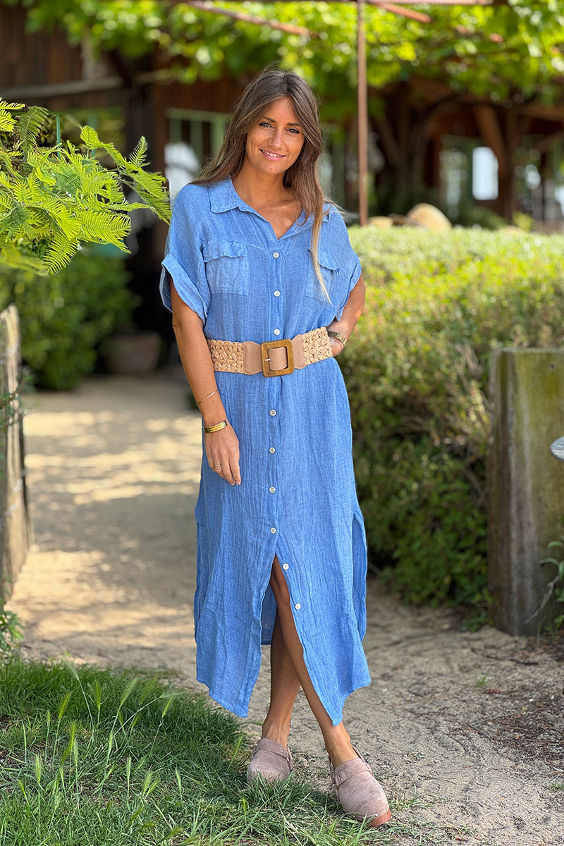 Robe chemise fendue bleu jean mi coton mi lin effet piqué coupe loose