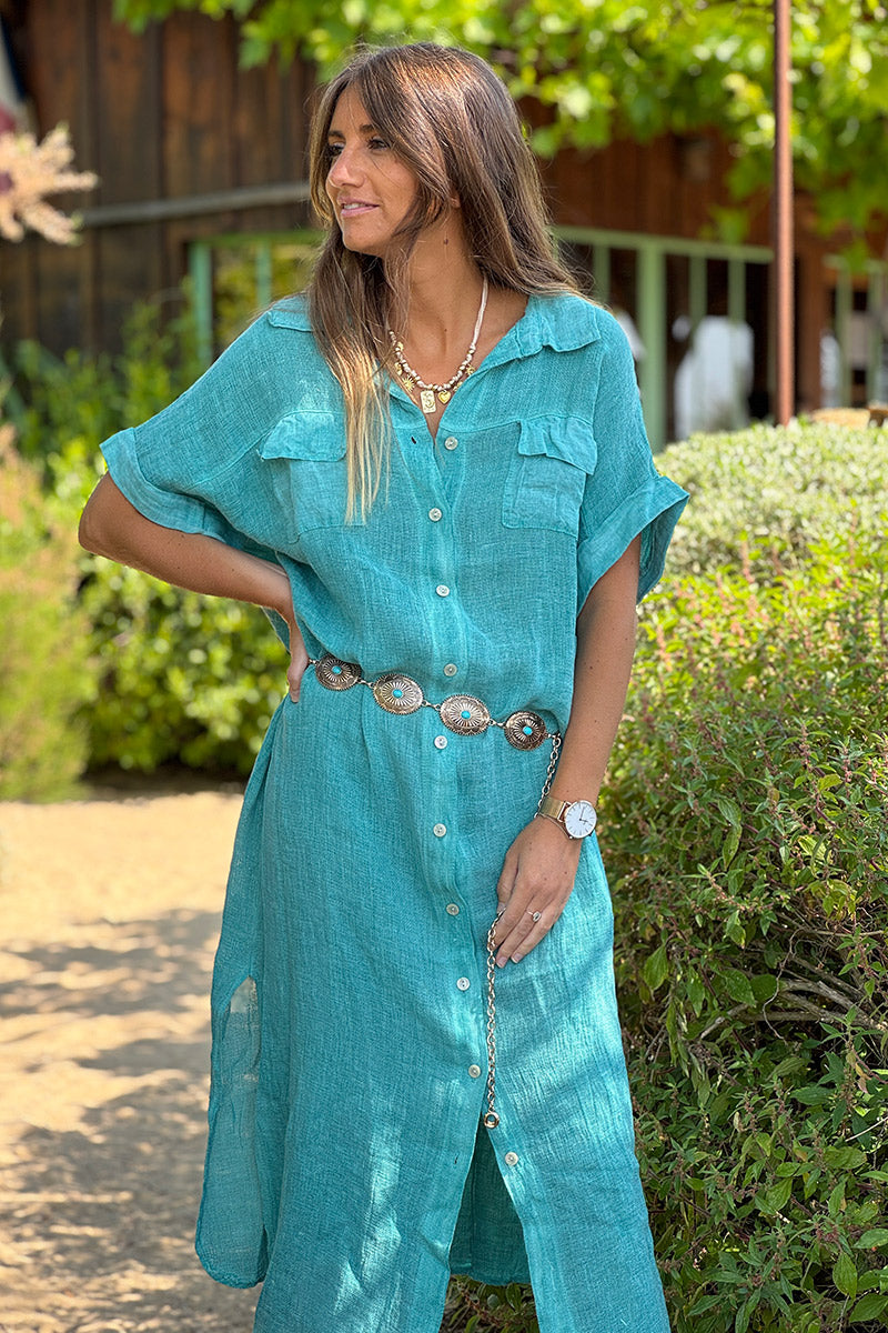 Turquoise Linen Beach Maxi Dress
