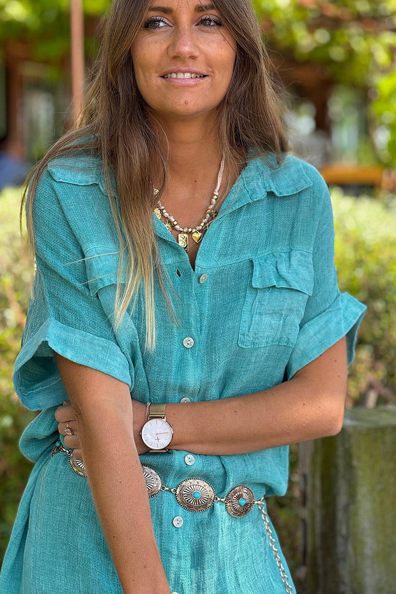 Turquoise Linen Beach Maxi Dress
