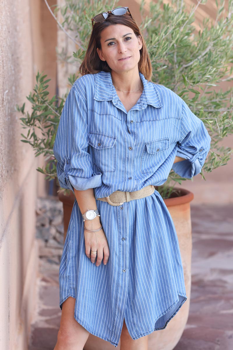 Blue denim effect pinstripe shirt dress