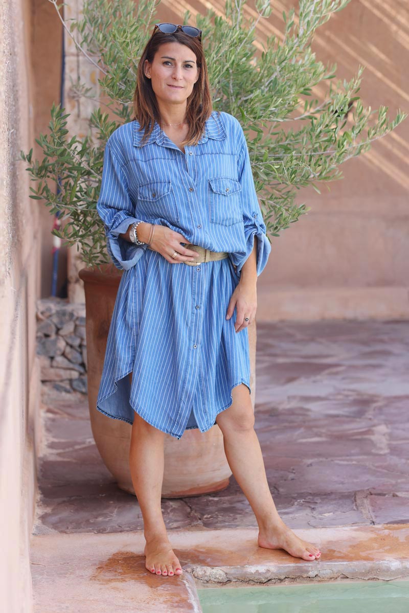 Robe chemise fluide effet jean denim rayures verticales