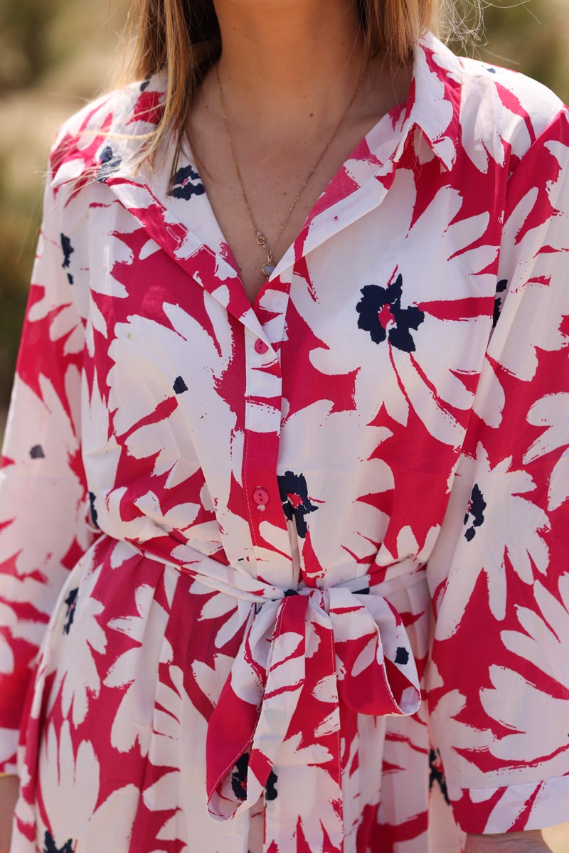 Robe chemise fluide fuchsia boutons ceinture a la taille motifs marguerites h082 (1)