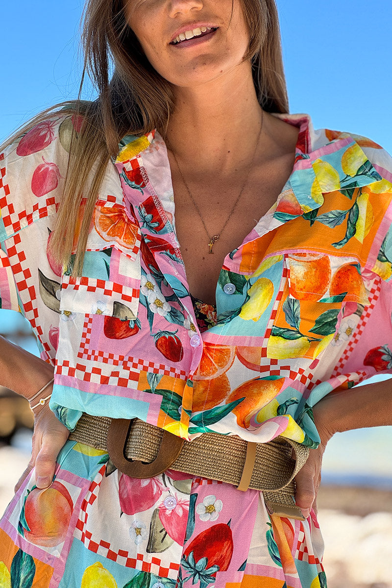 Robe chemise fluide imprimé fruits colorés citrons fraises et oranges