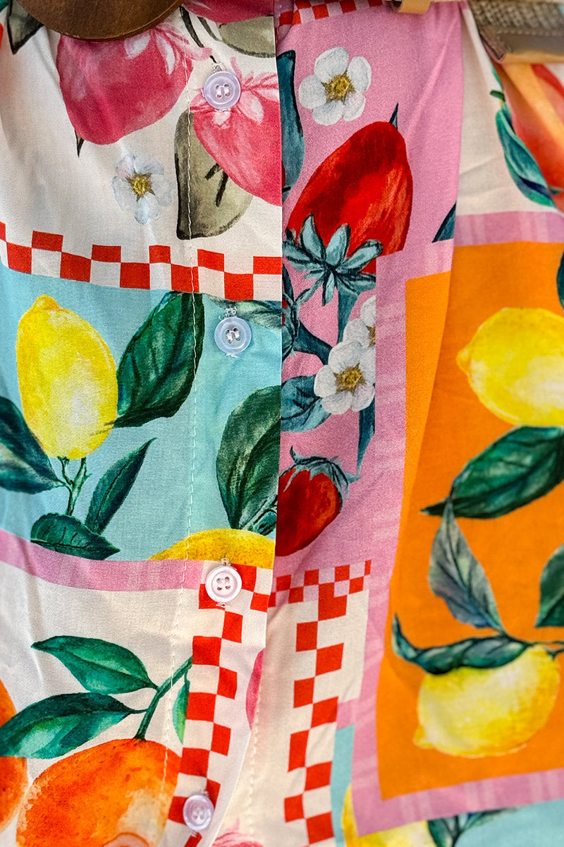 Robe chemise fluide imprimé fruits colorés citrons fraises et oranges