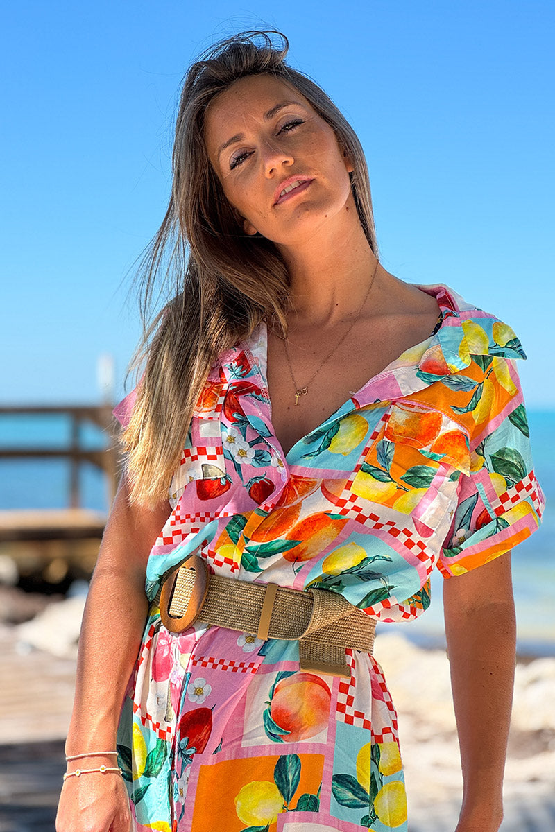 Robe chemise fluide imprimé fruits colorés citrons fraises et oranges