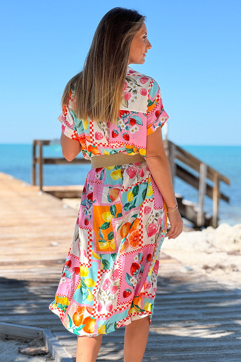 Robe chemise fluide imprimé fruits colorés citrons fraises et oranges