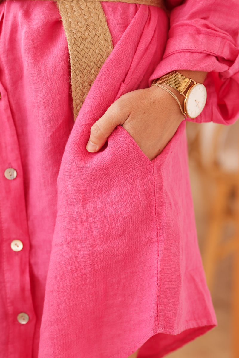Fuchsia linen shirt dress with mother of pearl buttons and pockets
