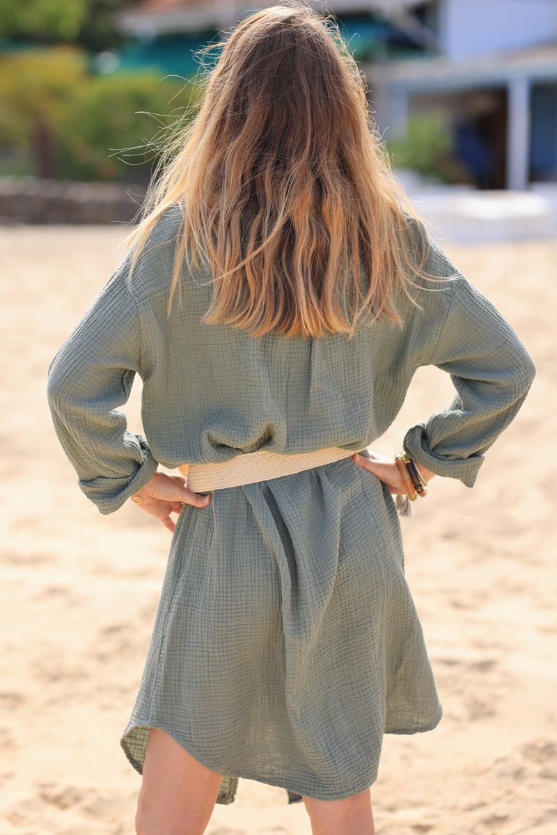 Khaki crinkle cotton gauze dress with mother of pearl buttons