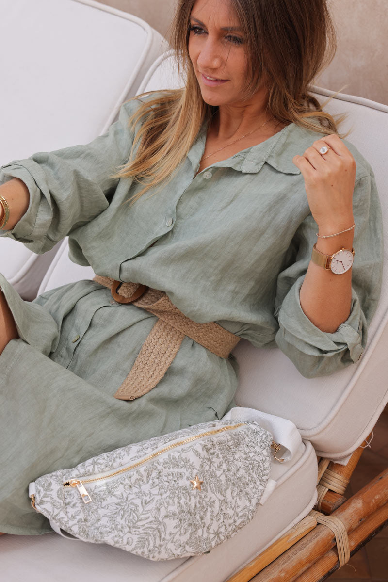 Khaki linen shirt dress with mother of pearl buttons and pockets