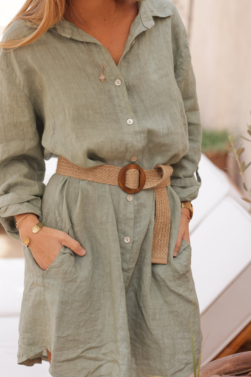 Khaki linen shirt dress with mother of pearl buttons and pockets