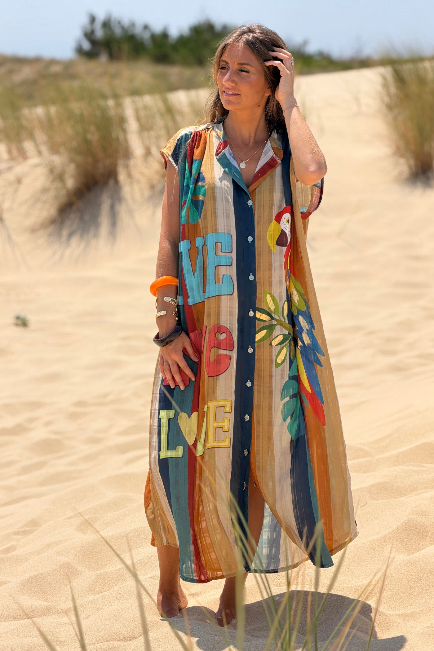 Robe chemise large et fluide coupe loose imprimé rayures love et perroquet