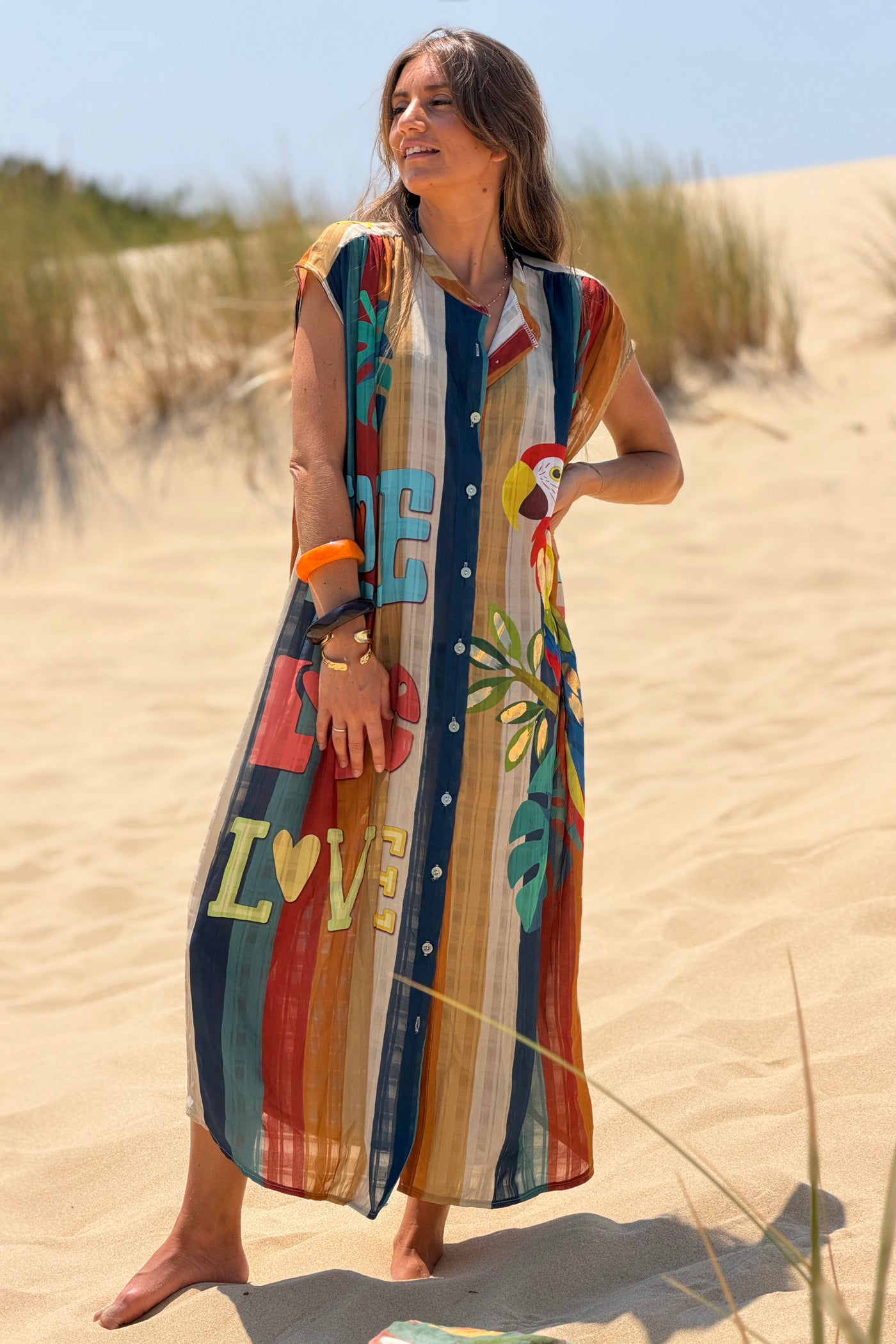 Robe chemise large et fluide coupe loose imprimé rayures love et perroquet