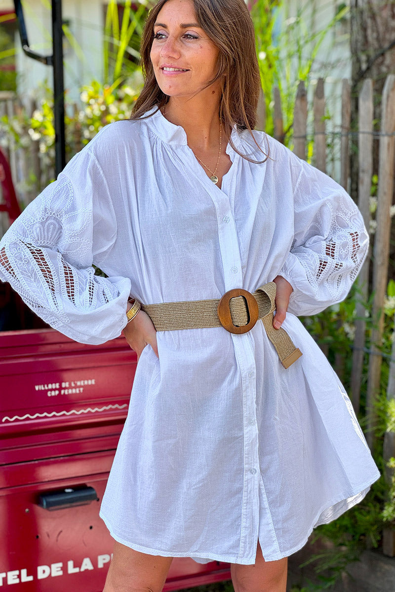 Robe Blanche Legere White Crochet Sleeve Button-Down Tunic Dress
