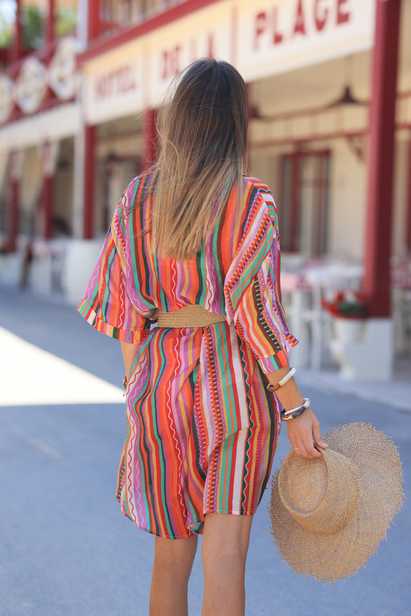 Robe chemise légère manches courtes imprimé rayures verticales originales multicolores