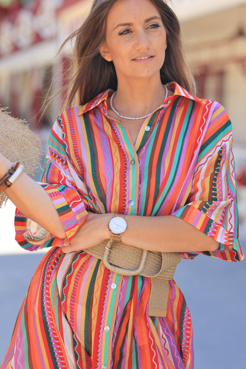 Robe chemise légère manches courtes imprimé rayures verticales originales multicolores