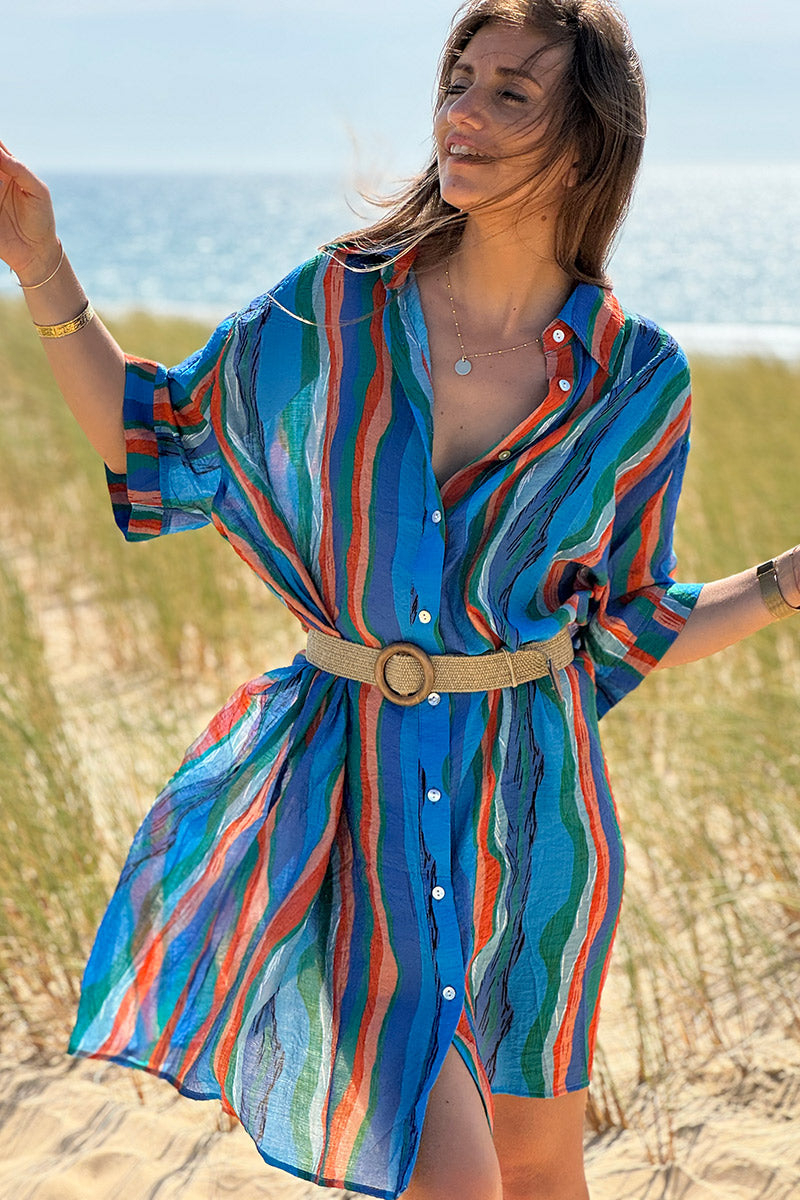 Robe chemise légère toucher soie bleu roi imprimé rayures vagues colorées
