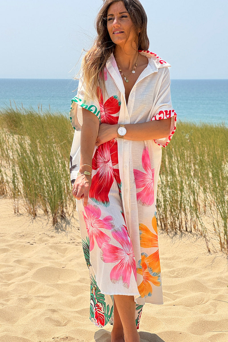 Robe chemise longue écrue imprimé Summer Beach palmiers et fleurs colorées