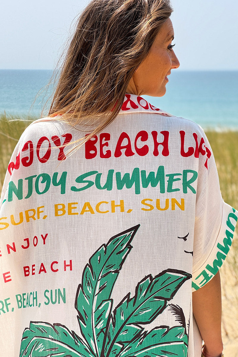 Robe chemise longue écrue imprimé Summer Beach palmiers et fleurs colorées